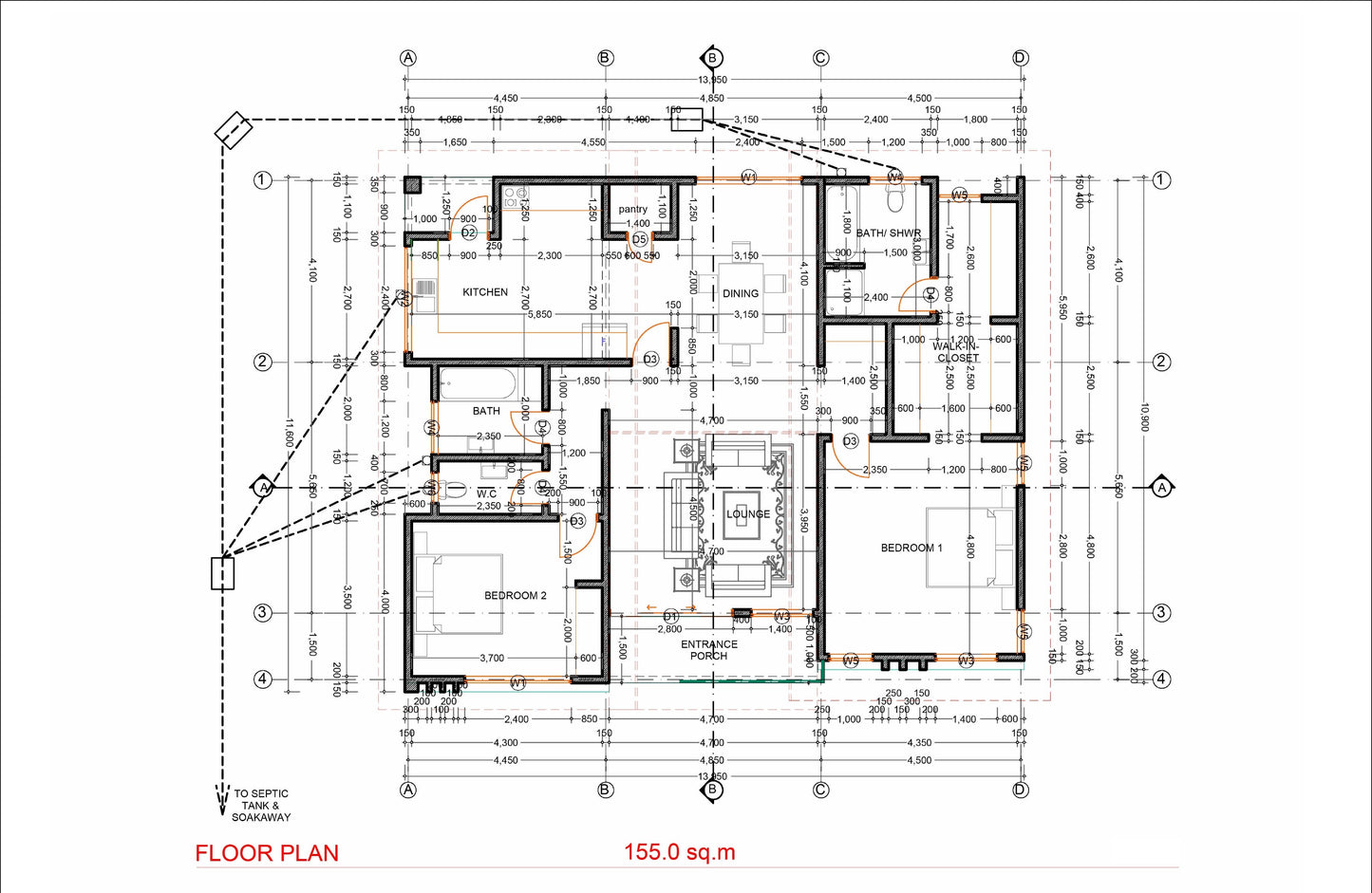 155 sqm Bungalow Plans – 2 Bedrooms, Walk-in Closet, Ensuite, Lounge, Kitchen, Dining, Bath – Plans