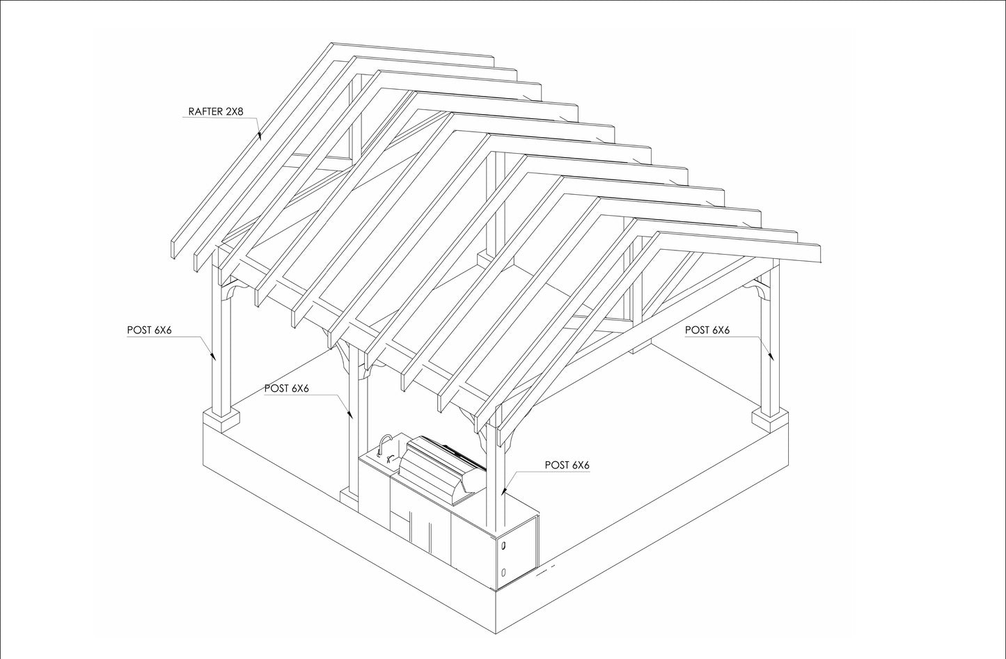 15’x16’ Cedar Canopy DIY Plans – Includes Post Layout, Elevations, 3D Views, Roof Framing