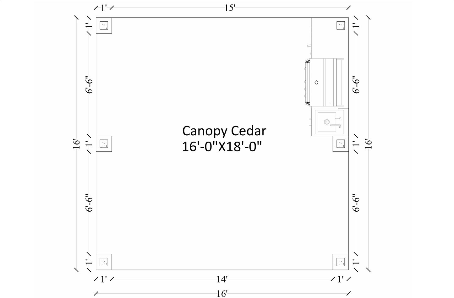 15’x16’ Cedar Canopy DIY Plans – Includes Post Layout, Elevations, 3D Views, Roof Framing