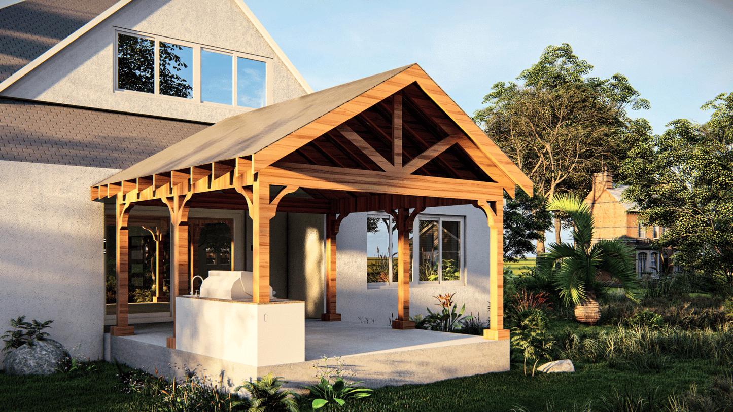 15’x16’ Cedar Canopy DIY Plans – Includes Post Layout, Elevations, 3D Views, Roof Framing