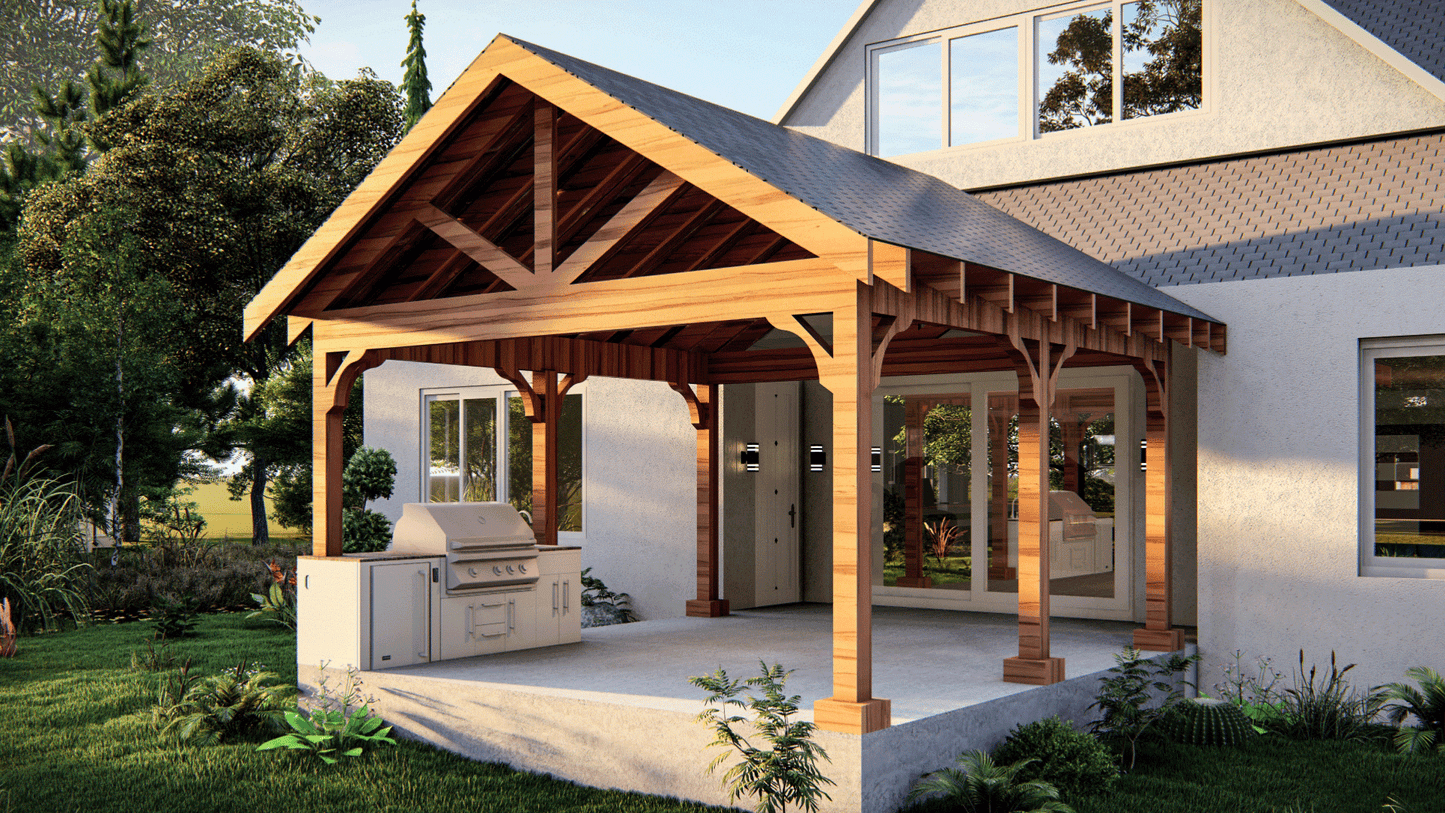 15’x16’ Cedar Canopy DIY Plans – Includes Post Layout, Elevations, 3D Views, Roof Framing