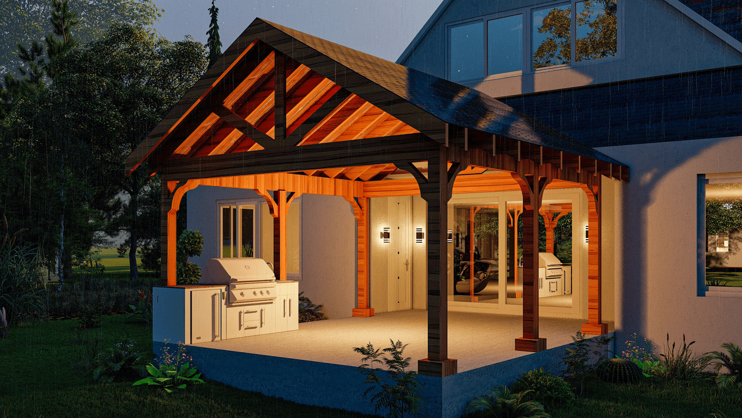15’x16’ Cedar Canopy DIY Plans – Includes Post Layout, Elevations, 3D Views, Roof Framing