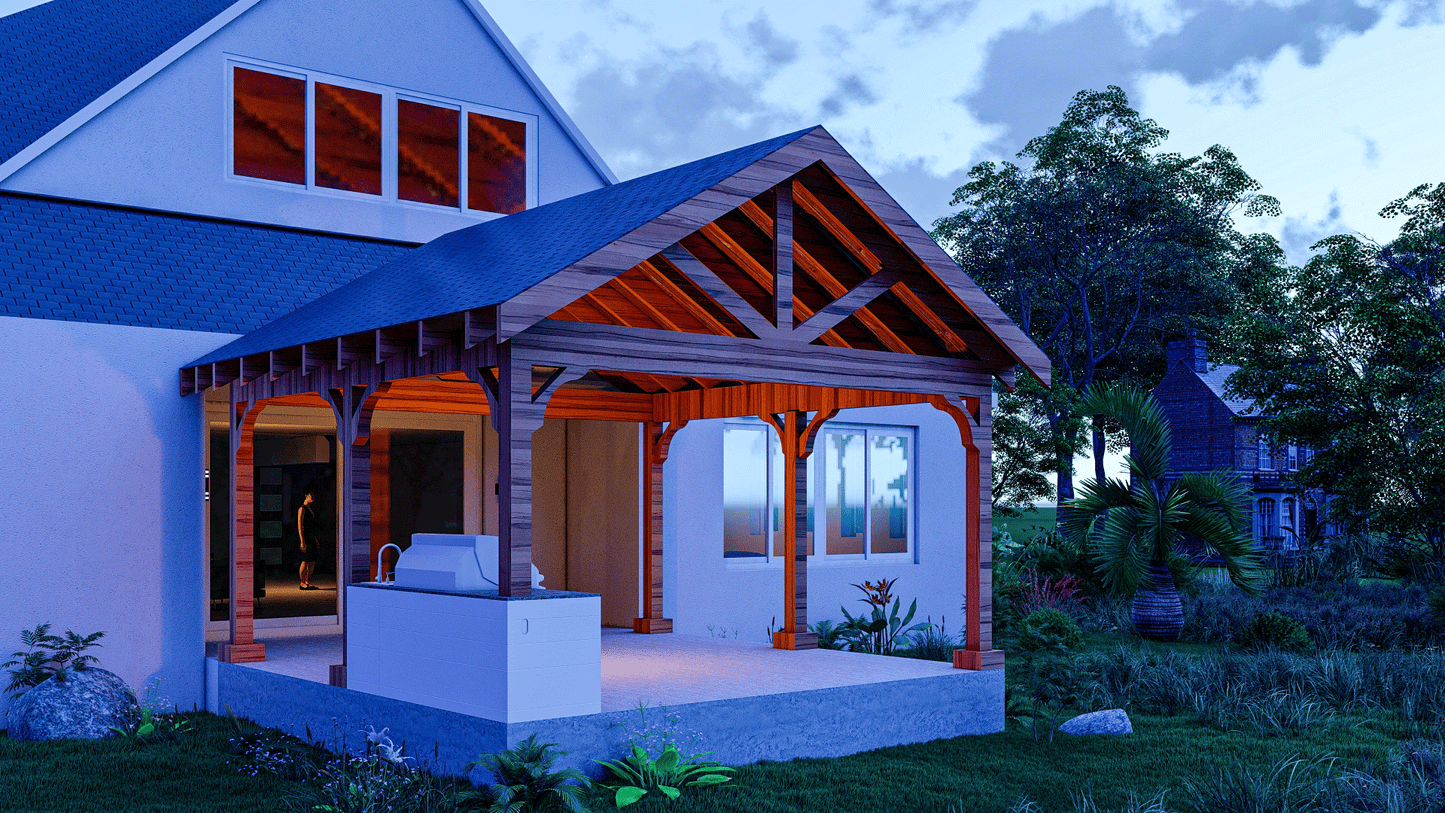 15’x16’ Cedar Canopy DIY Plans – Includes Post Layout, Elevations, 3D Views, Roof Framing