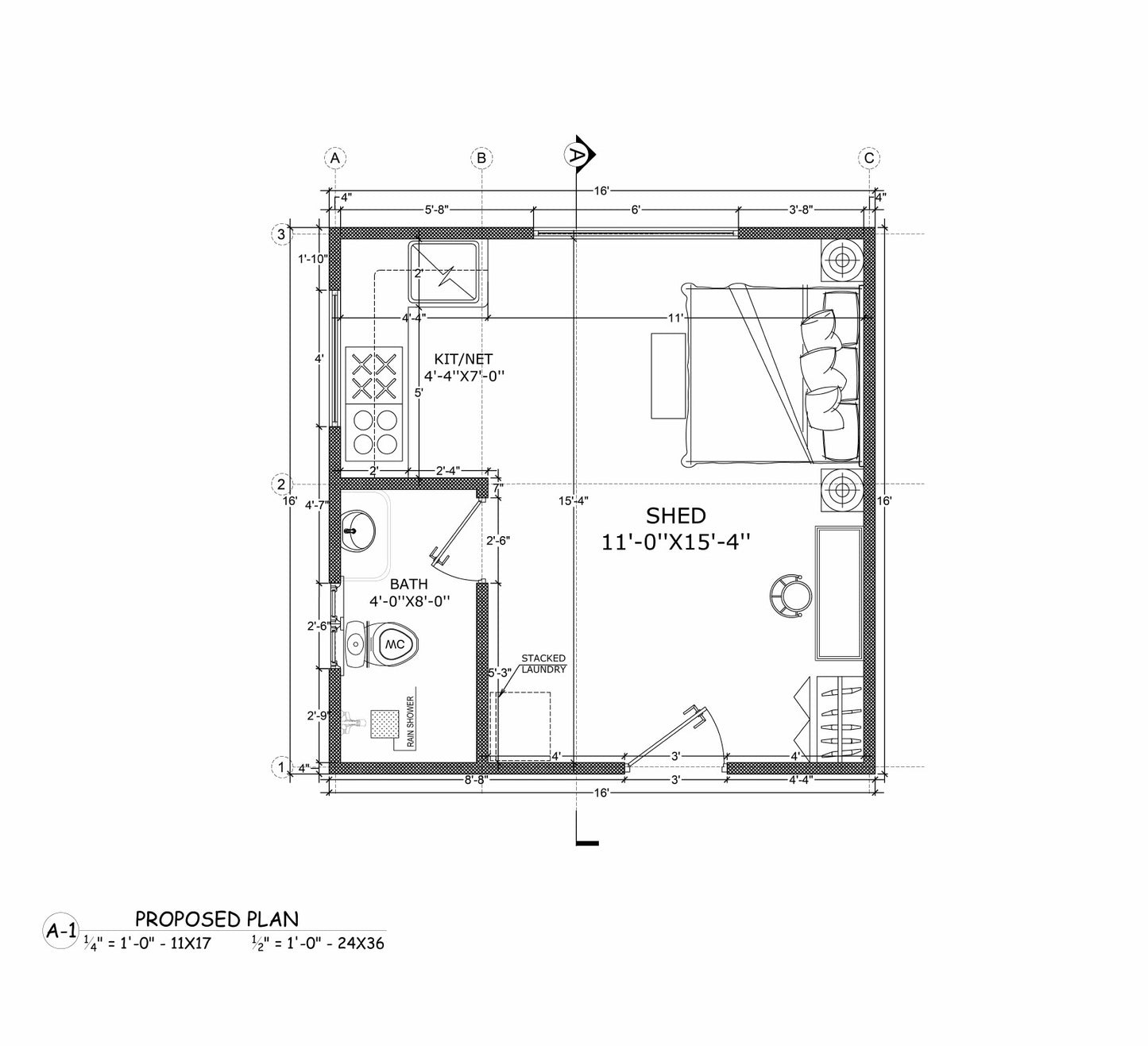 16x16' Studio Tiny Home Shed Building Plans with Floor Plan, Electrical, Elevations, Roof & Foundation Plan, and Construction Details