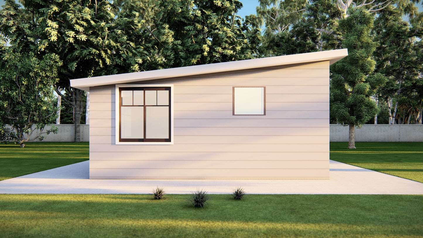 16x16' Studio Tiny Home Shed Building Plans with Floor Plan, Electrical, Elevations, Roof & Foundation Plan, and Construction Details