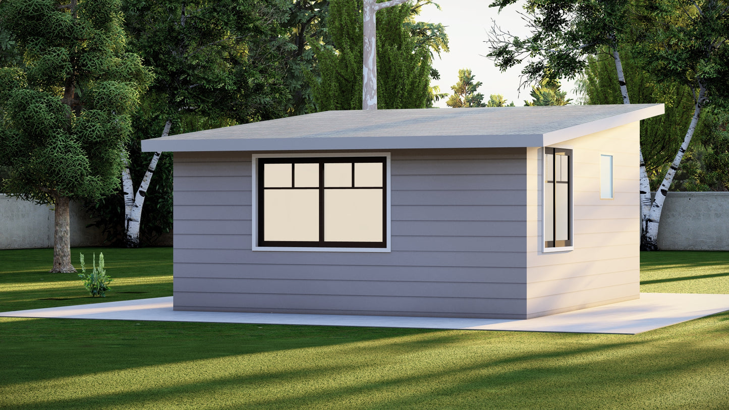 16x16' Studio Tiny Home Shed Building Plans with Floor Plan, Electrical, Elevations, Roof & Foundation Plan, and Construction Details