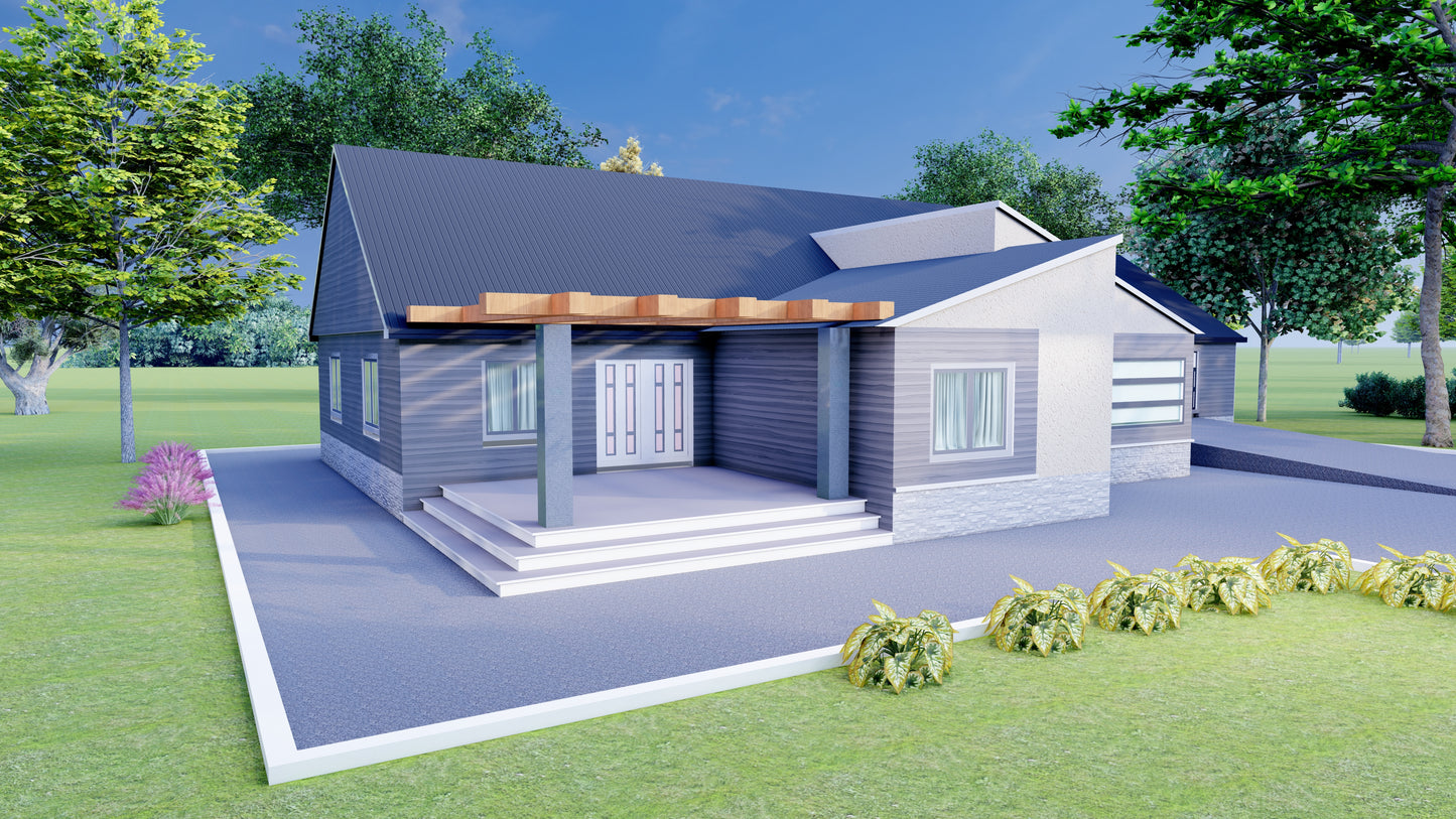 Plans for 2-Bedroom House, Attached Garage – Open Kitchen, Dining & Living Area, Washroom, Laundry – Floor Plan, Elevations, Roof Plan, Foundation Plan