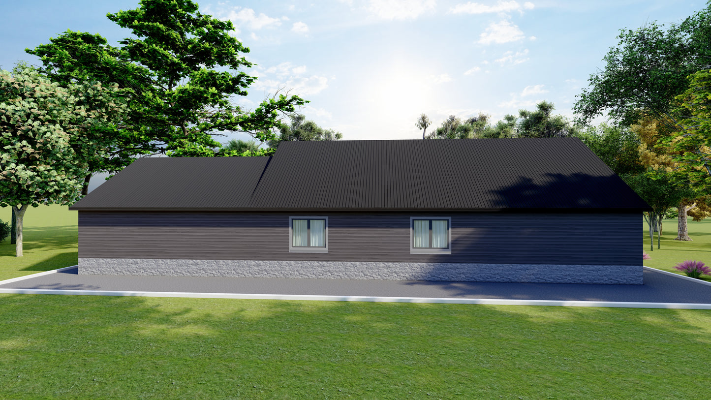 Plans for 2-Bedroom House, Attached Garage – Open Kitchen, Dining & Living Area, Washroom, Laundry – Floor Plan, Elevations, Roof Plan, Foundation Plan