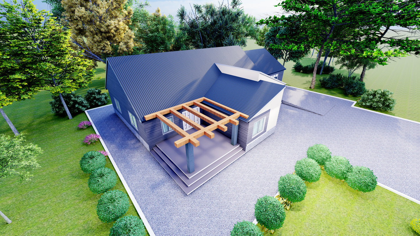 Plans for 2-Bedroom House, Attached Garage – Open Kitchen, Dining & Living Area, Washroom, Laundry – Floor Plan, Elevations, Roof Plan, Foundation Plan