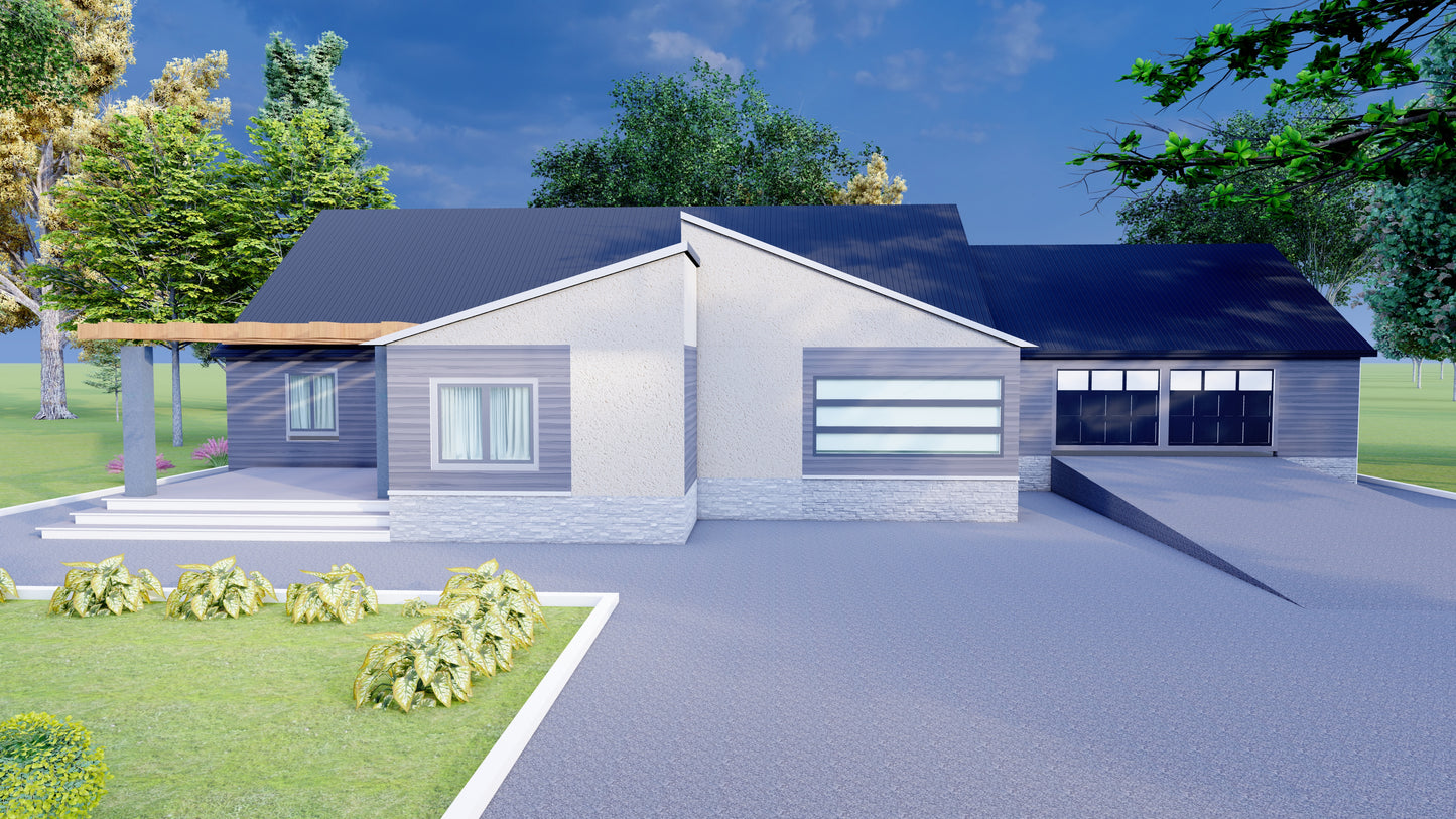 Plans for 2-Bedroom House, Attached Garage – Open Kitchen, Dining & Living Area, Washroom, Laundry – Floor Plan, Elevations, Roof Plan, Foundation Plan