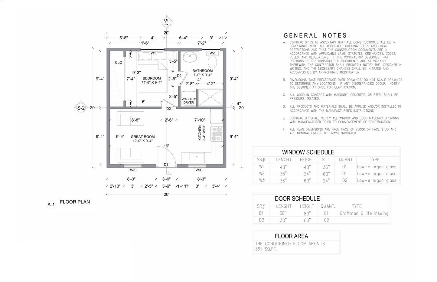 20'x20' ADU Building Plans with Architectural, Electrical, Plumbing, and HVAC Designs