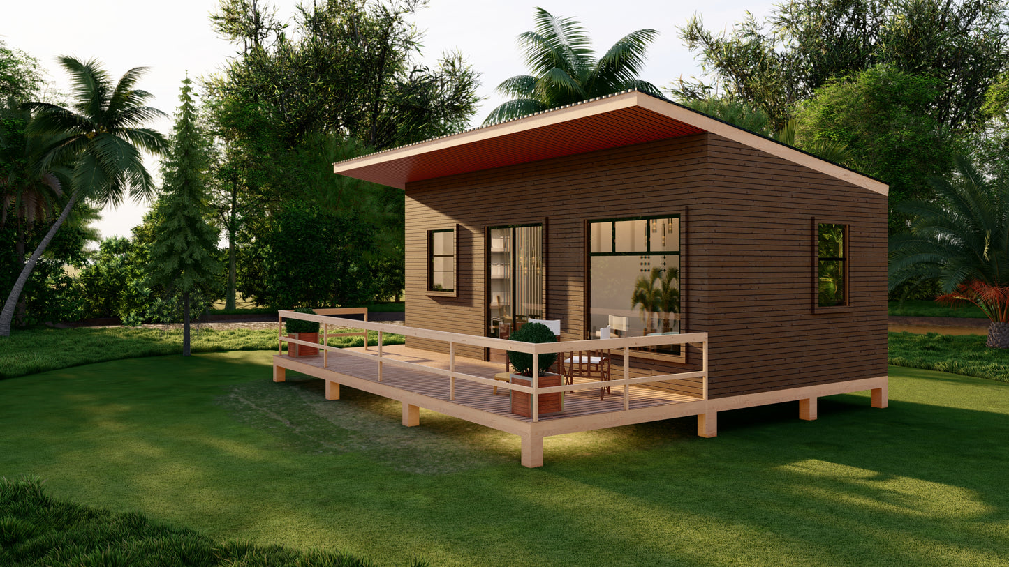 20' x 30' Wood Cabin Building Plans – Spacious Layout, Porch, Bedroom, Kitchen, Bathroom