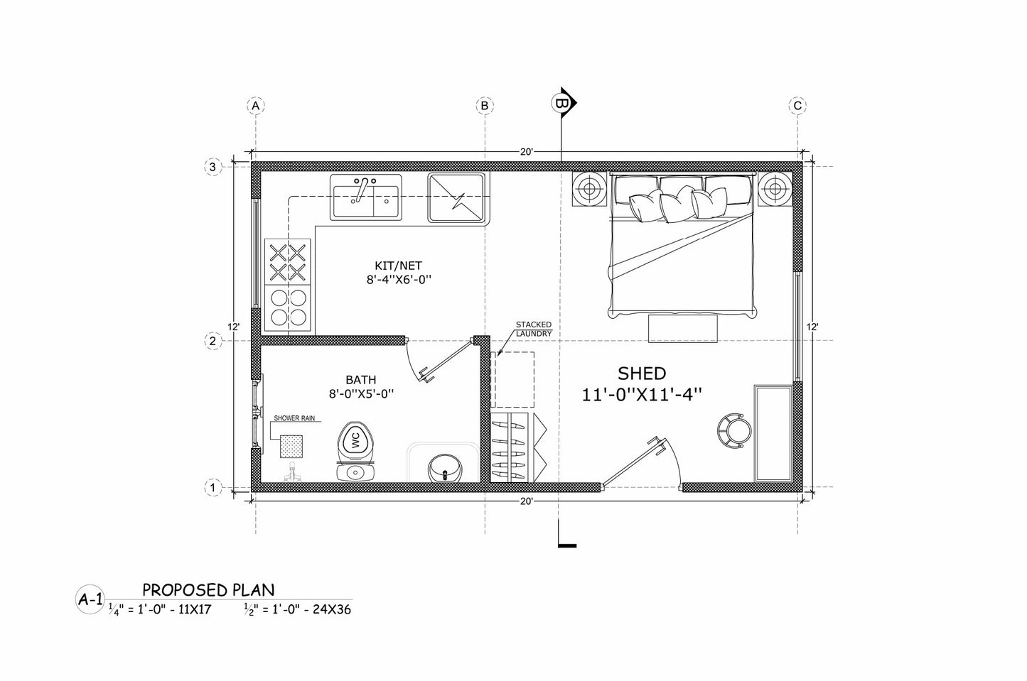 20x12’ Studio Tiny Home Building Plans – Floor Plan, Electrical, Elevations, Roof, Foundation & Construction Details