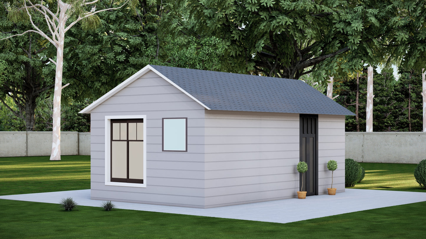 20x12’ Studio Tiny Home Building Plans – Floor Plan, Electrical, Elevations, Roof, Foundation & Construction Details