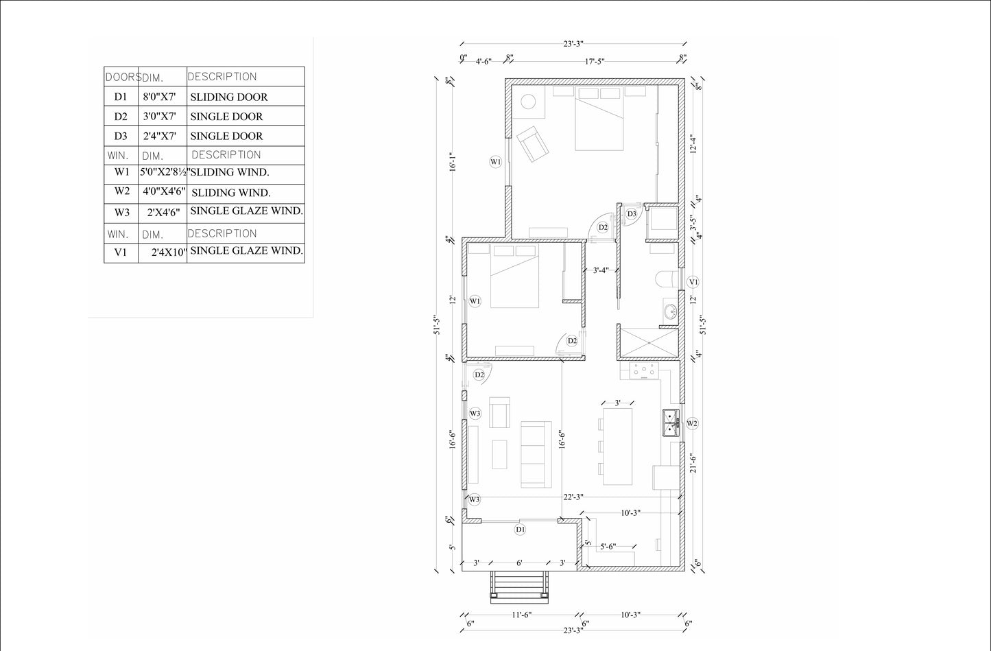 23x52’ Tiny Home Plans – 2 Bedrooms, 1 Bath – Includes Floor Plan, Elevations, Roof and Foundation Details, Electrical and Plumbing Plans