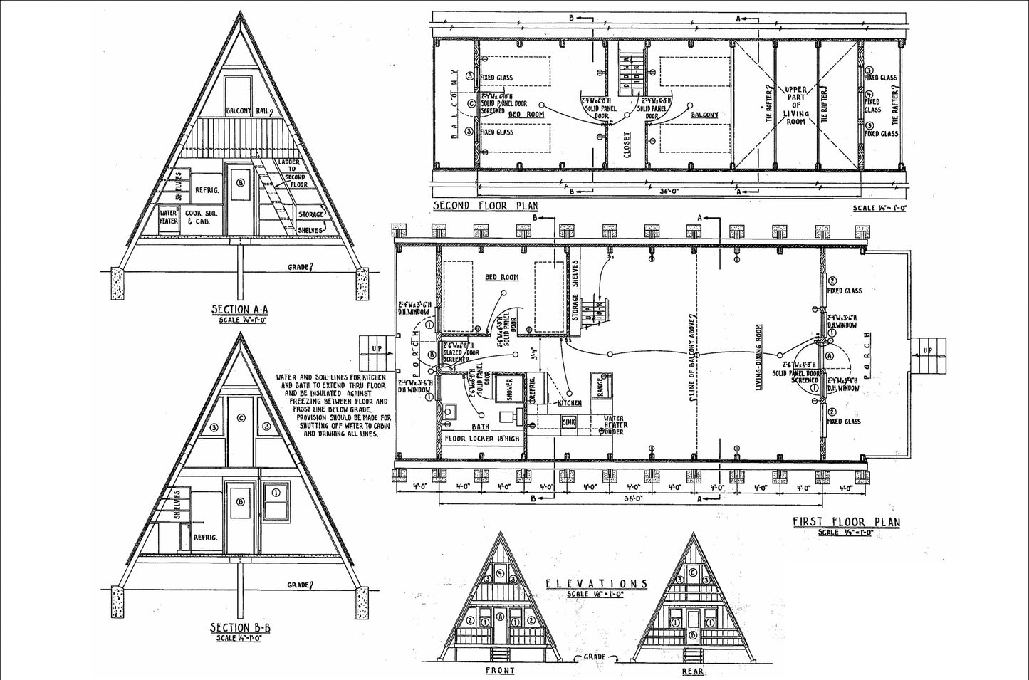 36'x20' A-Frame Cabin Plans with Loft - Detailed Floor Plans, Elevations, Electrical Layout, and More