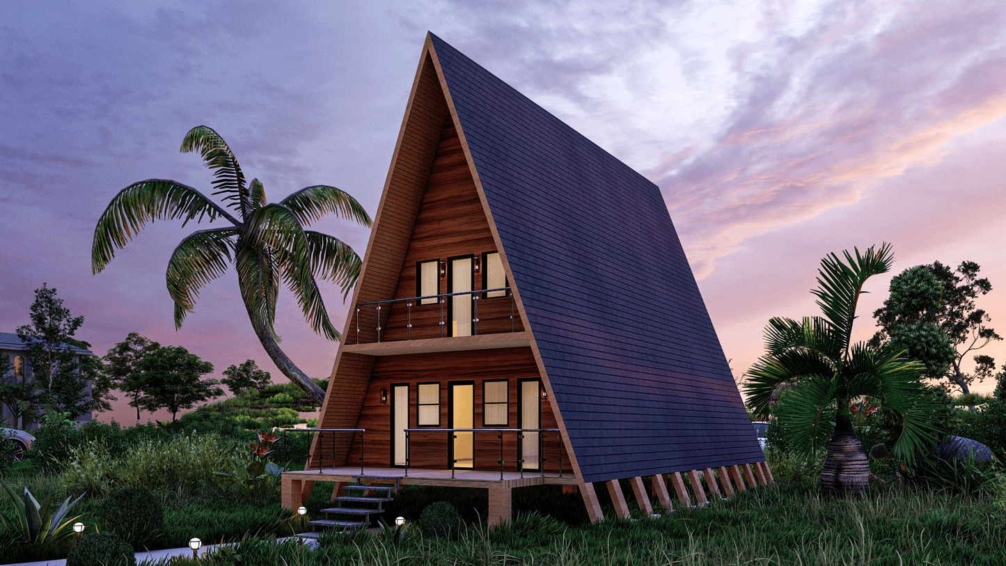 36'x20' A-Frame Cabin Plans with Loft - Detailed Floor Plans, Elevations, Electrical Layout, and More