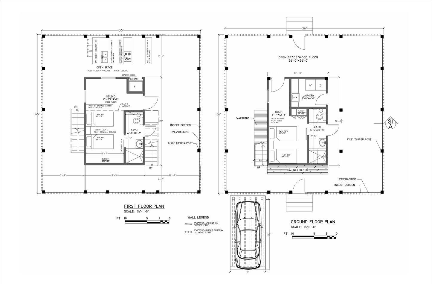 36'x36' Screened House Plans – Modern Design with Insect Screening, Timber Posts, Loft & Open Spaces – Detailed Layout