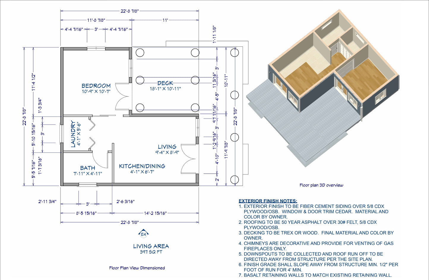 397 Sq Ft One-Bedroom Home ADU Plans – Living Area, Kitchen, Bathroom, Porch, Laundry – Floor Plan, Elevations, Roof & Foundation Plans