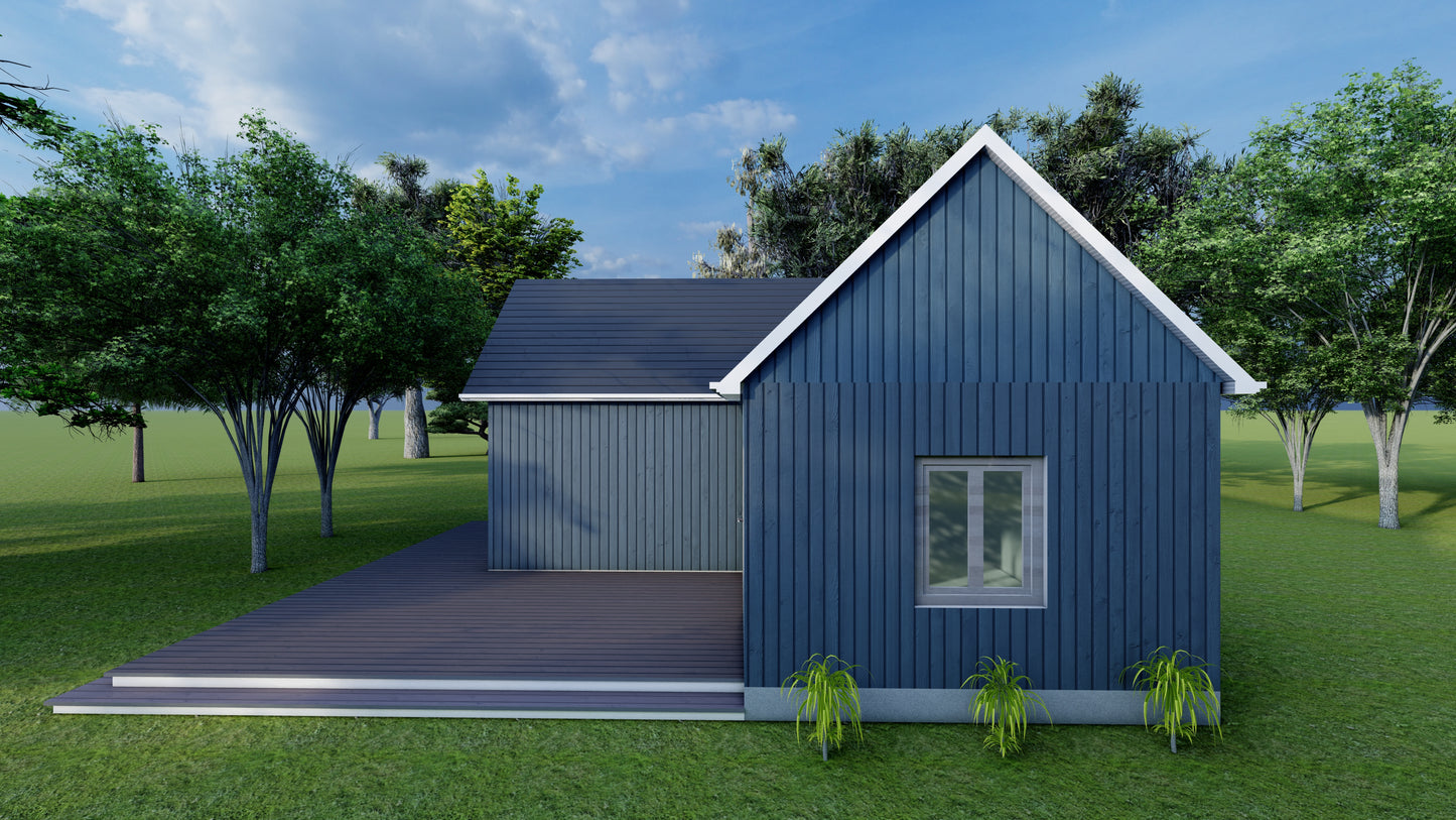 397 Sq Ft One-Bedroom Home ADU Plans – Living Area, Kitchen, Bathroom, Porch, Laundry – Floor Plan, Elevations, Roof & Foundation Plans