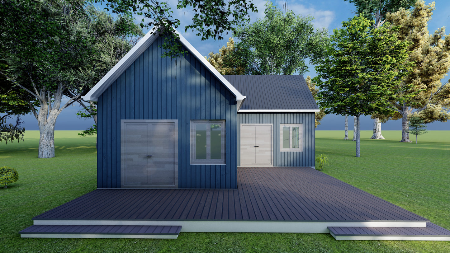 397 Sq Ft One-Bedroom Home ADU Plans – Living Area, Kitchen, Bathroom, Porch, Laundry – Floor Plan, Elevations, Roof & Foundation Plans