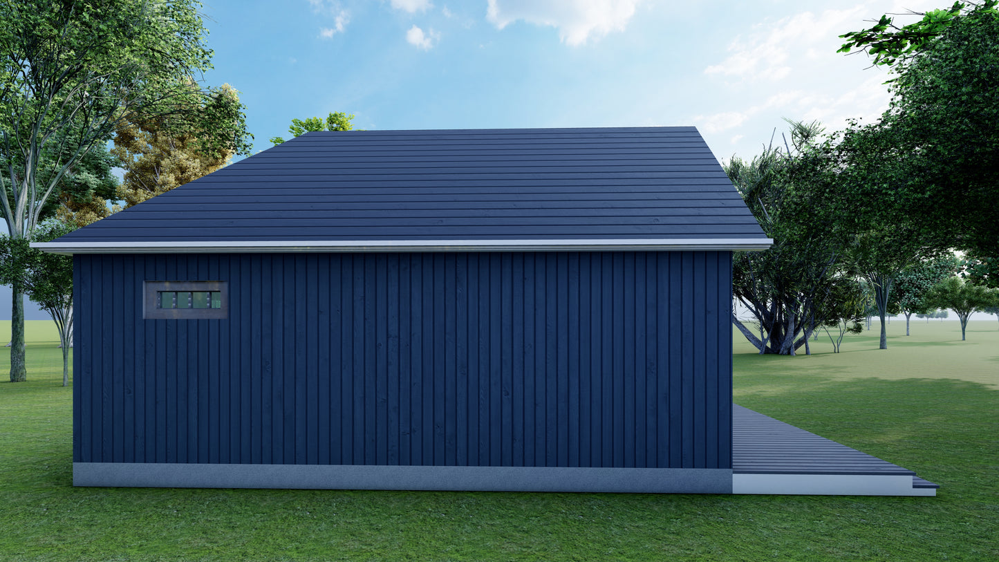 397 Sq Ft One-Bedroom Home ADU Plans – Living Area, Kitchen, Bathroom, Porch, Laundry – Floor Plan, Elevations, Roof & Foundation Plans