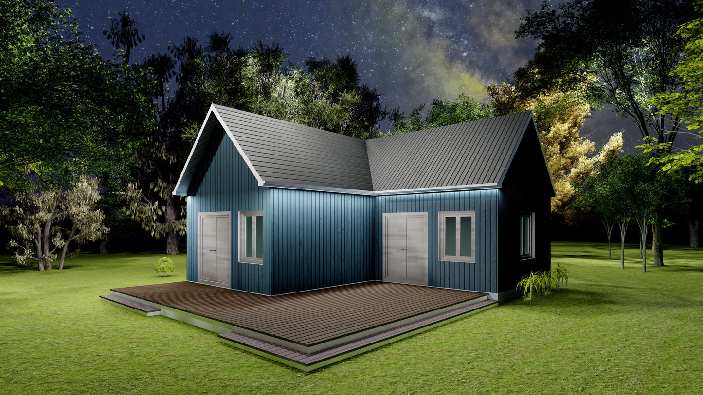 397 Sq Ft One-Bedroom Home ADU Plans – Living Area, Kitchen, Bathroom, Porch, Laundry – Floor Plan, Elevations, Roof & Foundation Plans