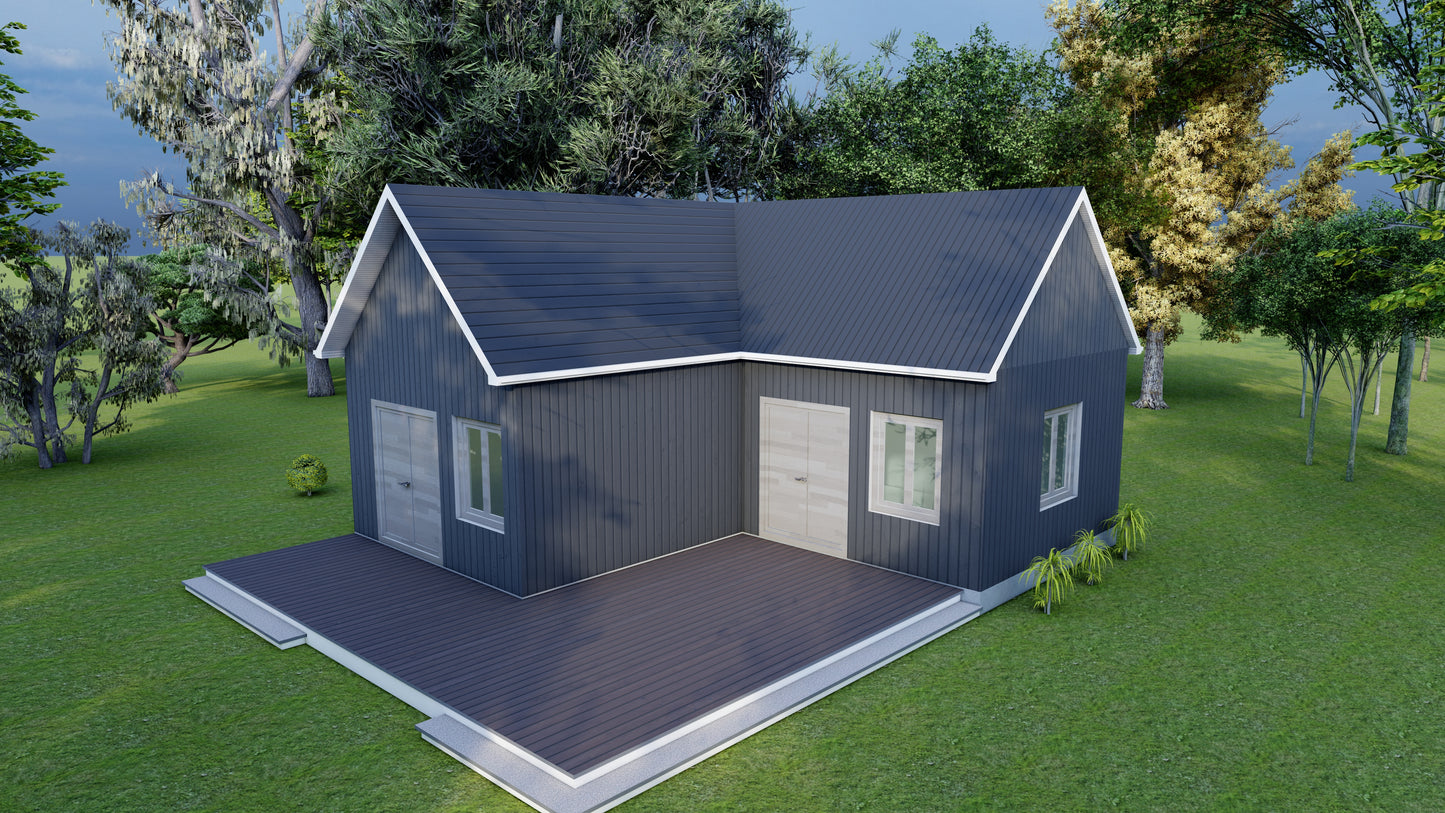 397 Sq Ft One-Bedroom Home ADU Plans – Living Area, Kitchen, Bathroom, Porch, Laundry – Floor Plan, Elevations, Roof & Foundation Plans