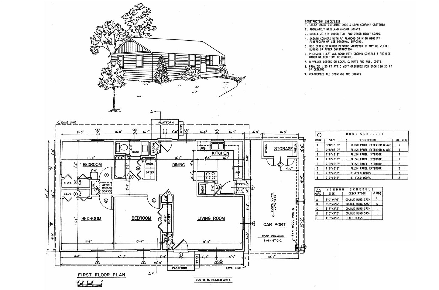 3 Bedroom Farmhouse Plans 40'x24'- Construction Drawings, Floor Plan, Elevations & More