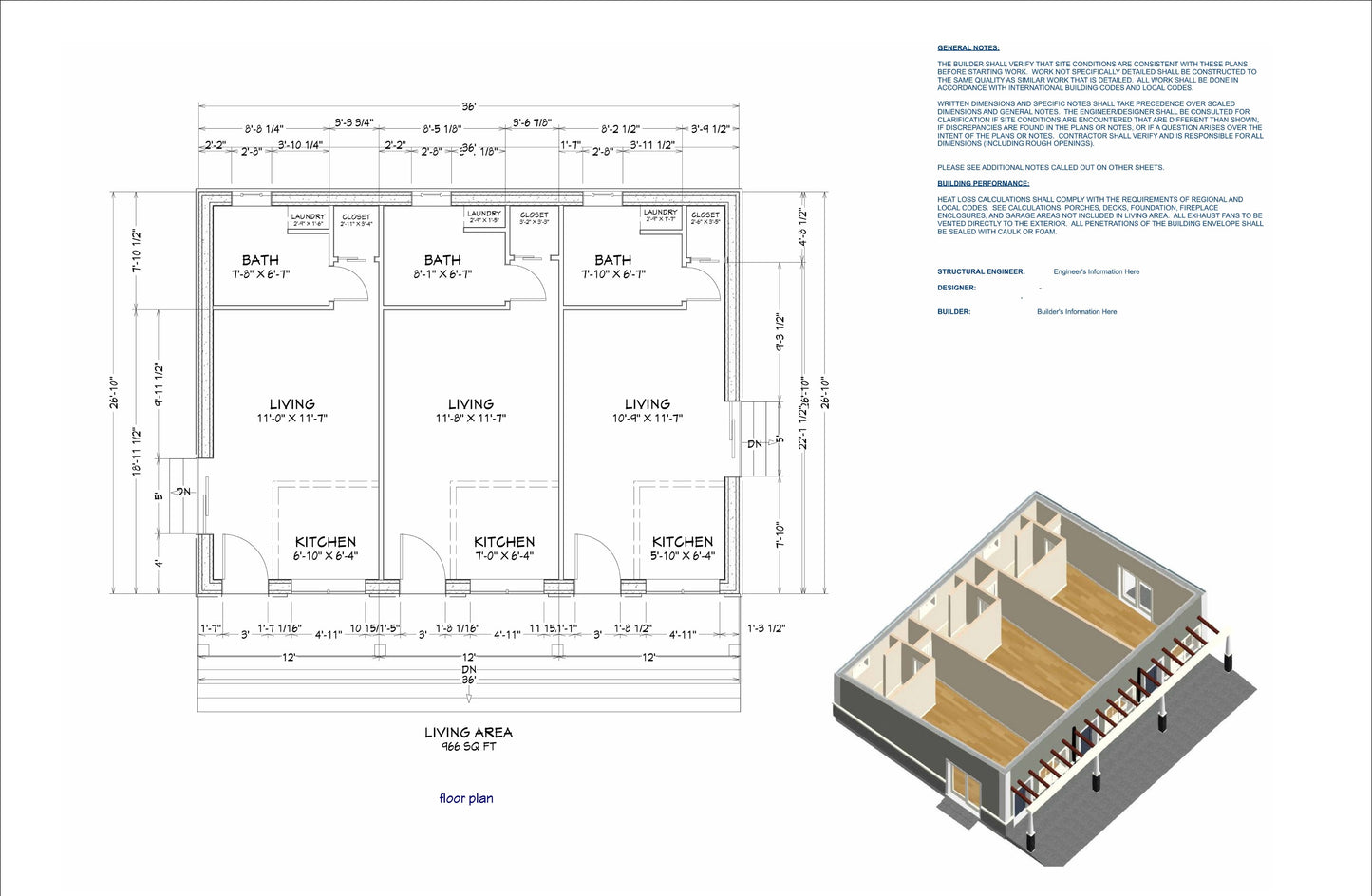 3 Unit Multi-Plex Studio Apartment Design Plans - 1047 SqFt Total Area for Efficient Development