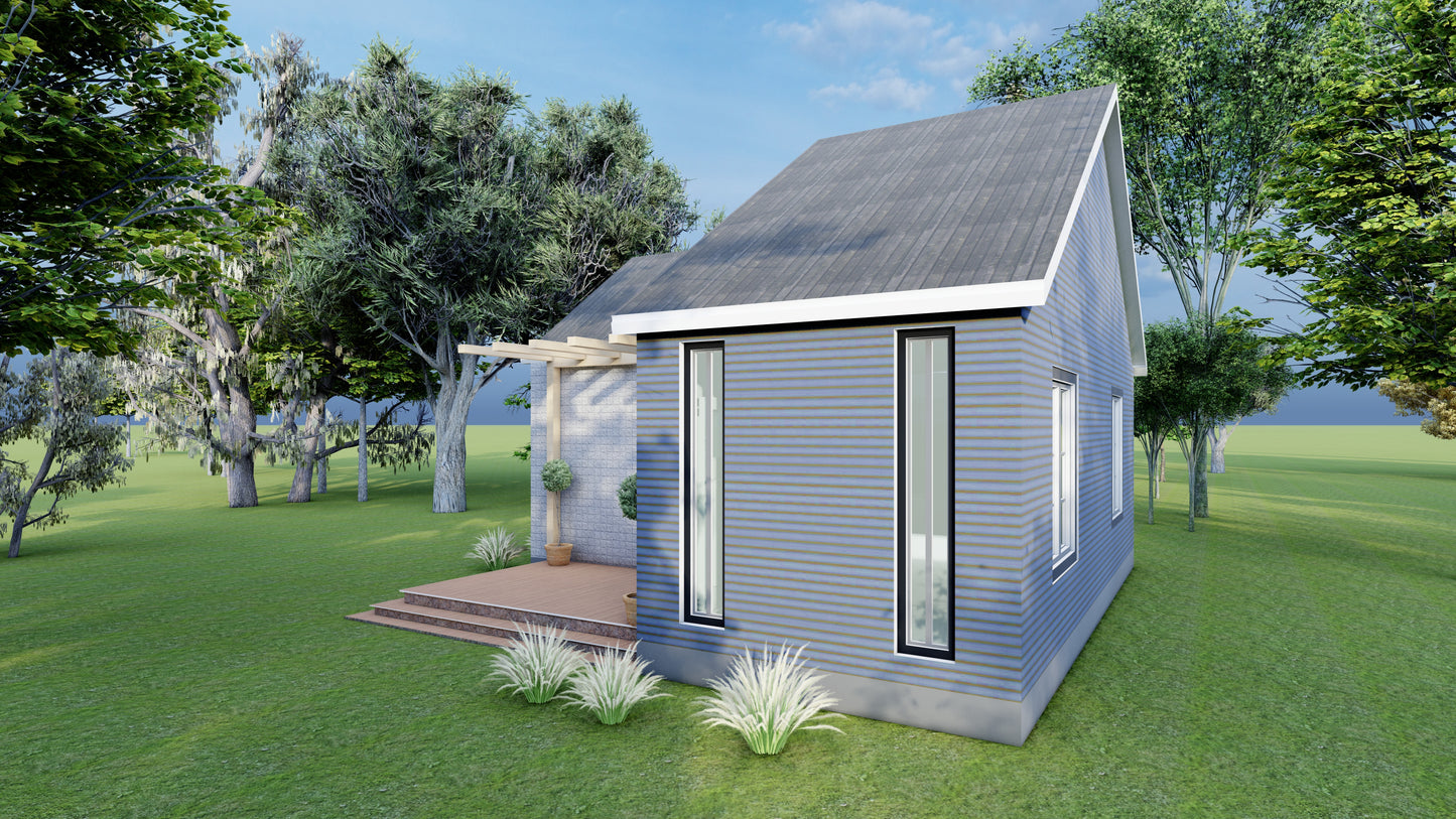 460sqft Two Bedroom Tiny Home ADU Design Plans – Floor Plan, Elevations, Door & Window Schedule