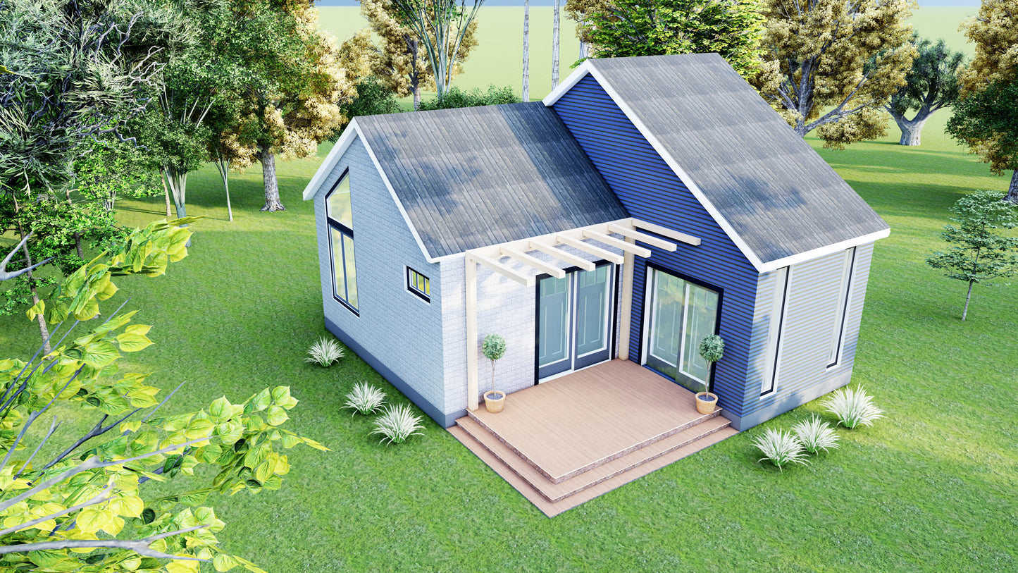 460sqft Two Bedroom Tiny Home ADU Design Plans – Floor Plan, Elevations, Door & Window Schedule