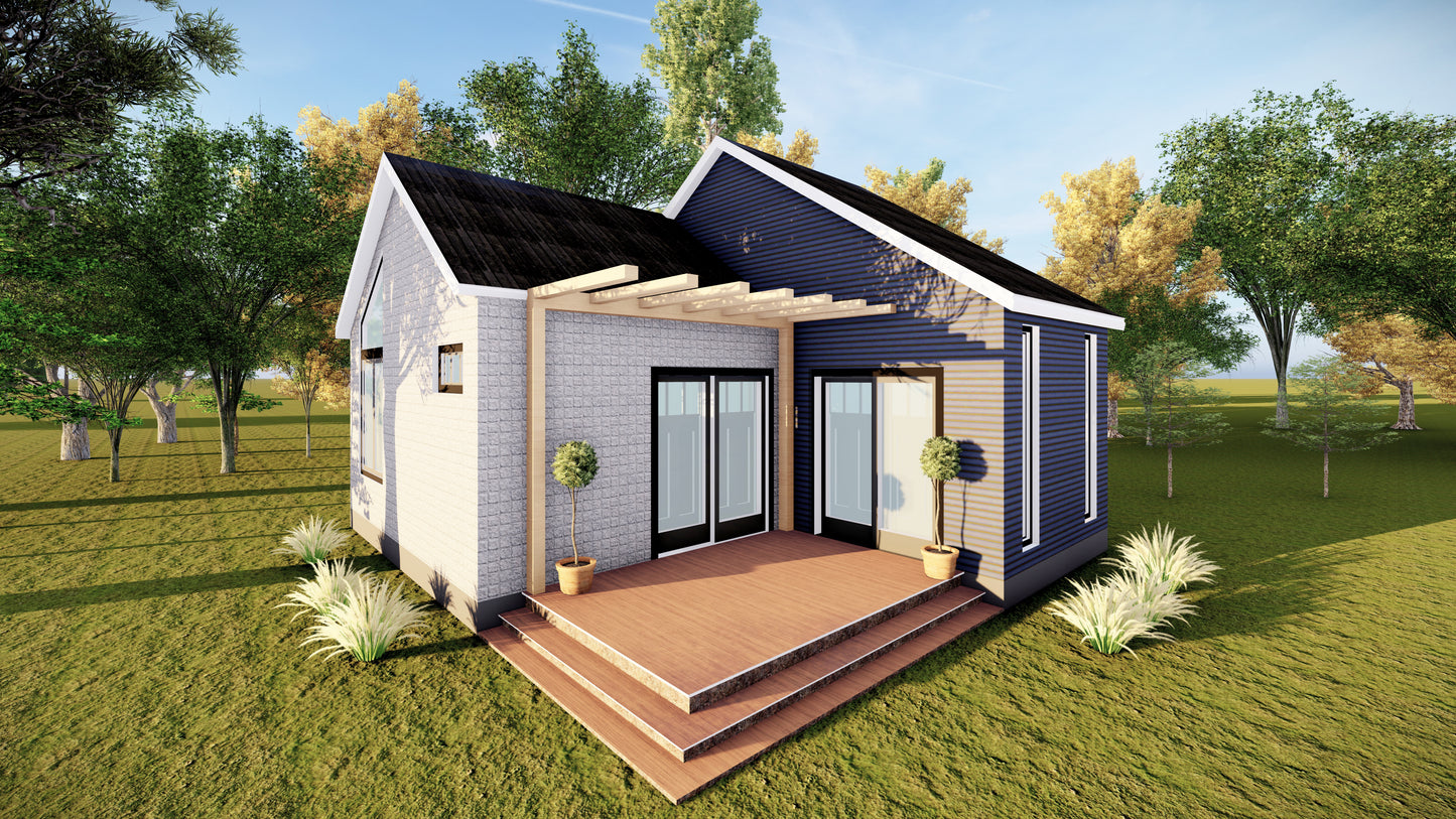 460sqft Two Bedroom Tiny Home ADU Design Plans – Floor Plan, Elevations, Door & Window Schedule