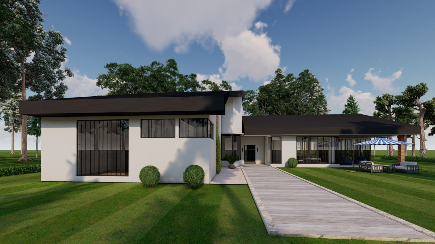 4 Bedroom House Design Plans – Primary Ensuite, 2 Washrooms, Office, Kitchen, Dining, Living Room