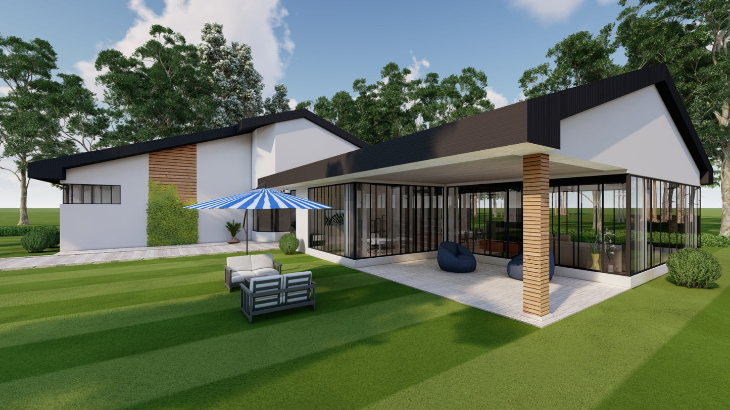 4 Bedroom House Design Plans – Primary Ensuite, 2 Washrooms, Office, Kitchen, Dining, Living Room