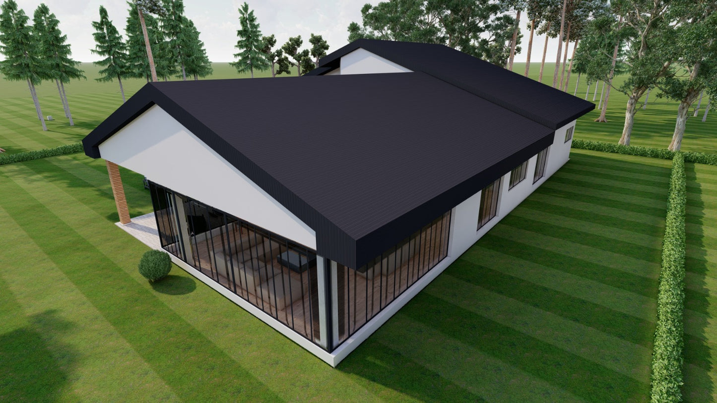 4 Bedroom House Design Plans – Primary Ensuite, 2 Washrooms, Office, Kitchen, Dining, Living Room