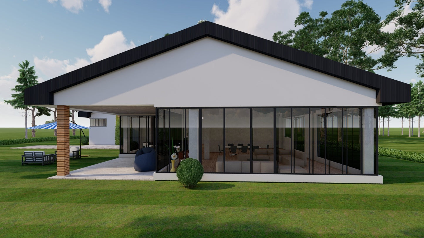 4 Bedroom House Design Plans – Primary Ensuite, 2 Washrooms, Office, Kitchen, Dining, Living Room