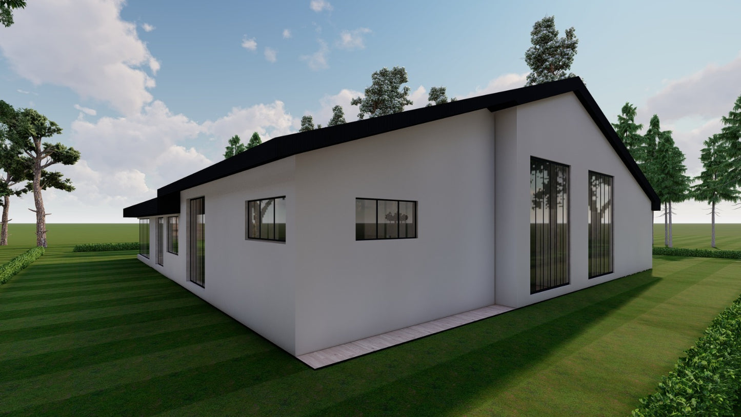 4 Bedroom House Design Plans – Primary Ensuite, 2 Washrooms, Office, Kitchen, Dining, Living Room