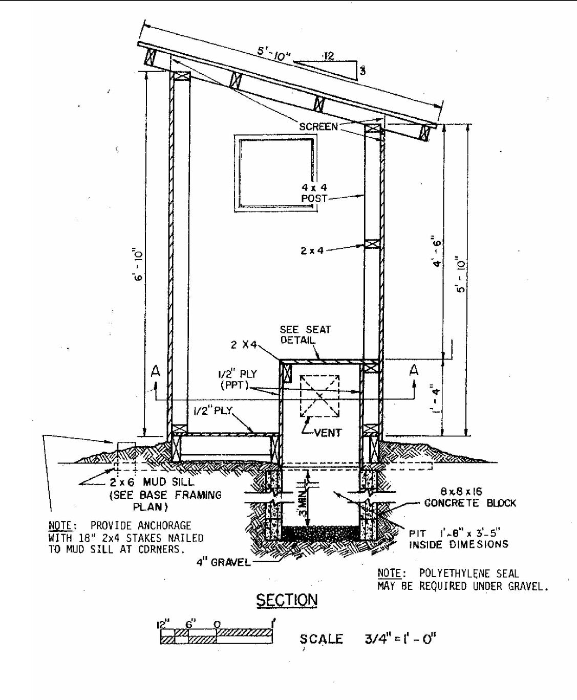 4x4’ Outhouse Wood Construction Plans - Floor Plan, Framing Design, Section, and Seat Detail