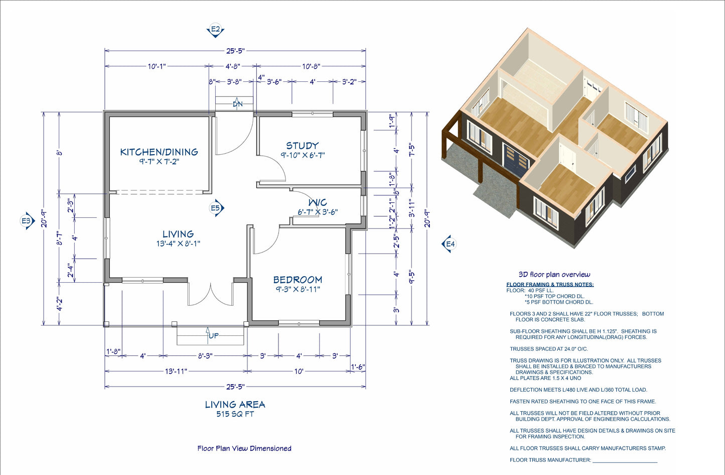 515 Sq Ft Tiny Home Plans – 1 Bedroom, Washroom, Living Room, Kitchen & Study – Floor Plan, Elevations, Roof, Foundation, and Details