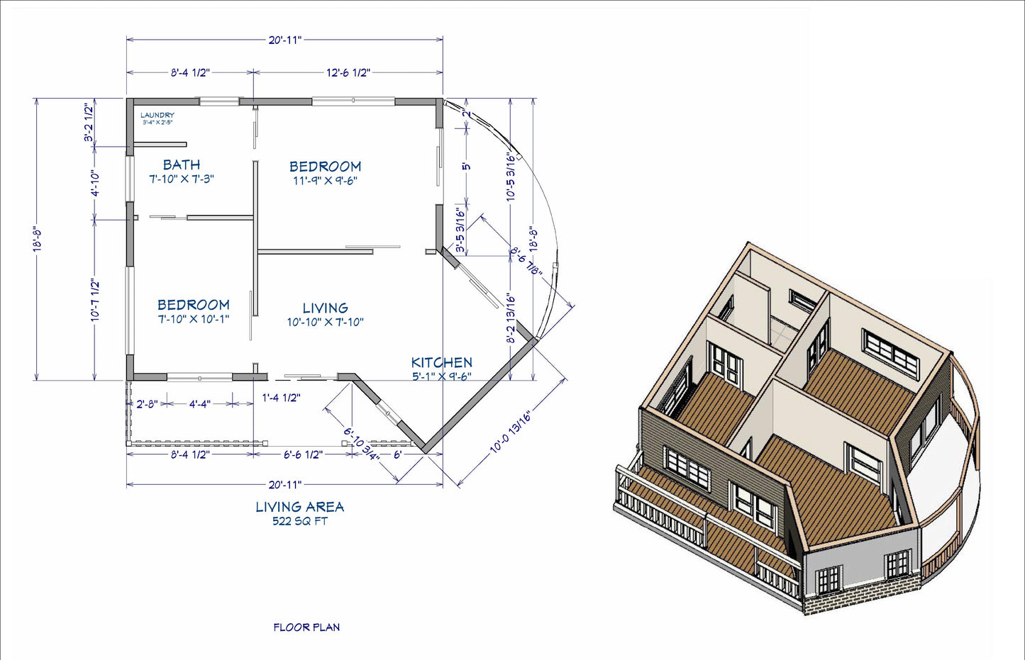 522 Sq Ft 2-Bedroom Tiny Home Design Plans with Porch, Kitchen & Shared Washroom - Floor Plans, Elevations, Roof and Foundation