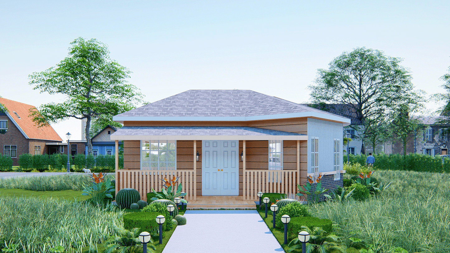 522 Sq Ft 2-Bedroom Tiny Home Design Plans with Porch, Kitchen & Shared Washroom - Floor Plans, Elevations, Roof and Foundation