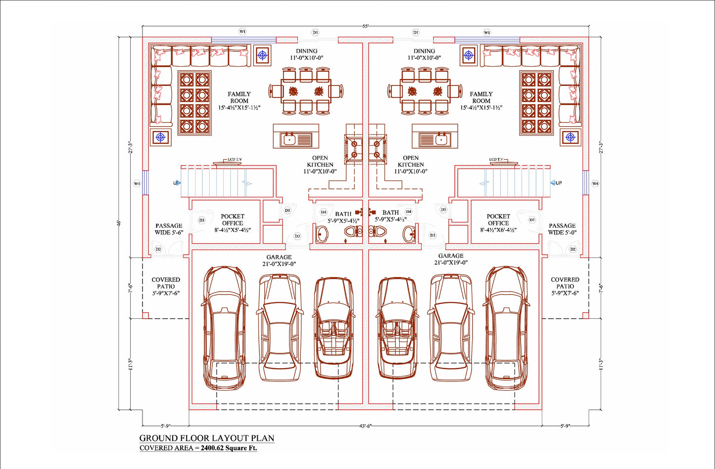 55'x46' Duplex Residential Building Plans - 2 Units, 3 Bedrooms Each