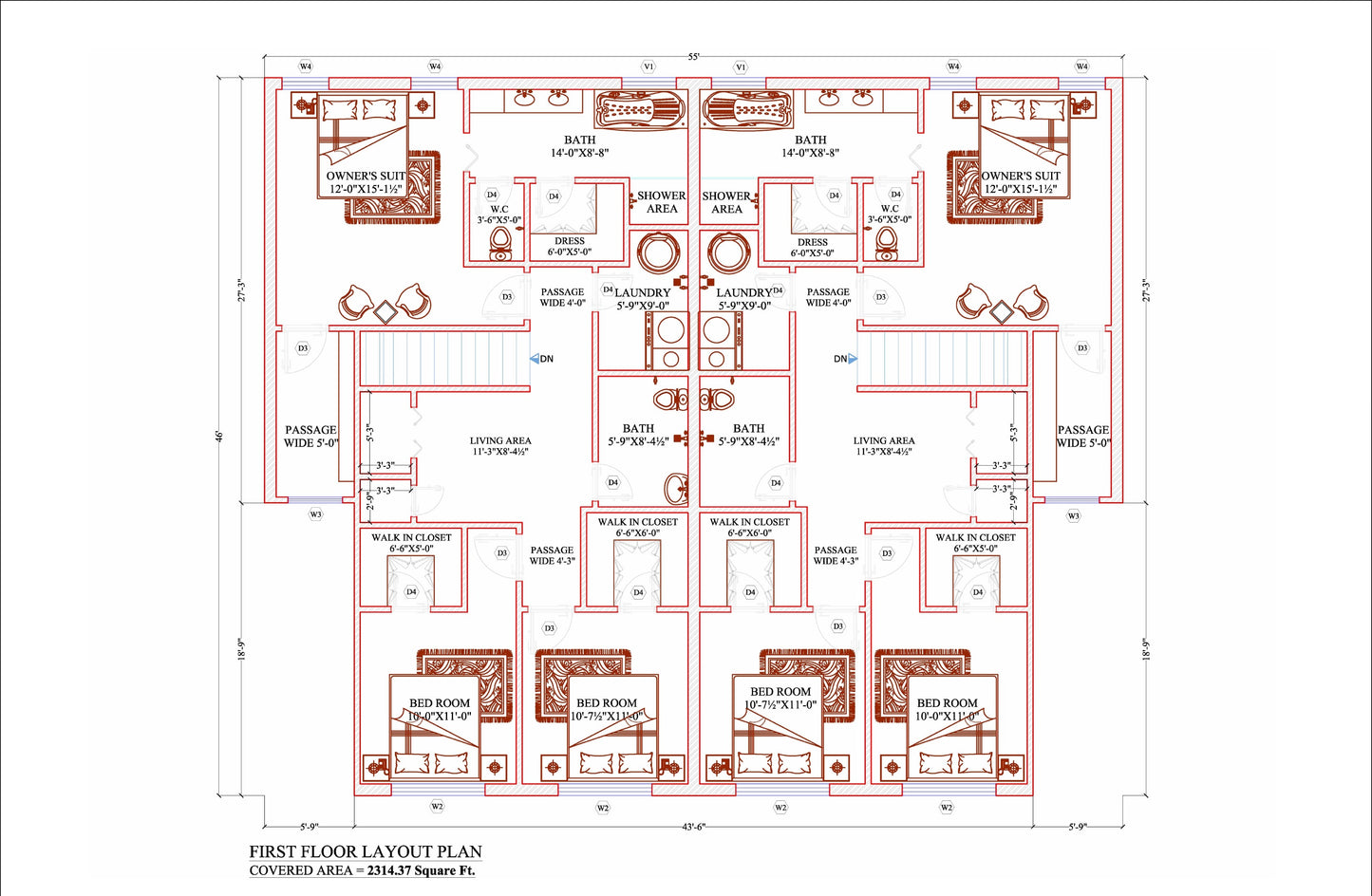 55'x46' Duplex Residential Building Plans - 2 Units, 3 Bedrooms Each