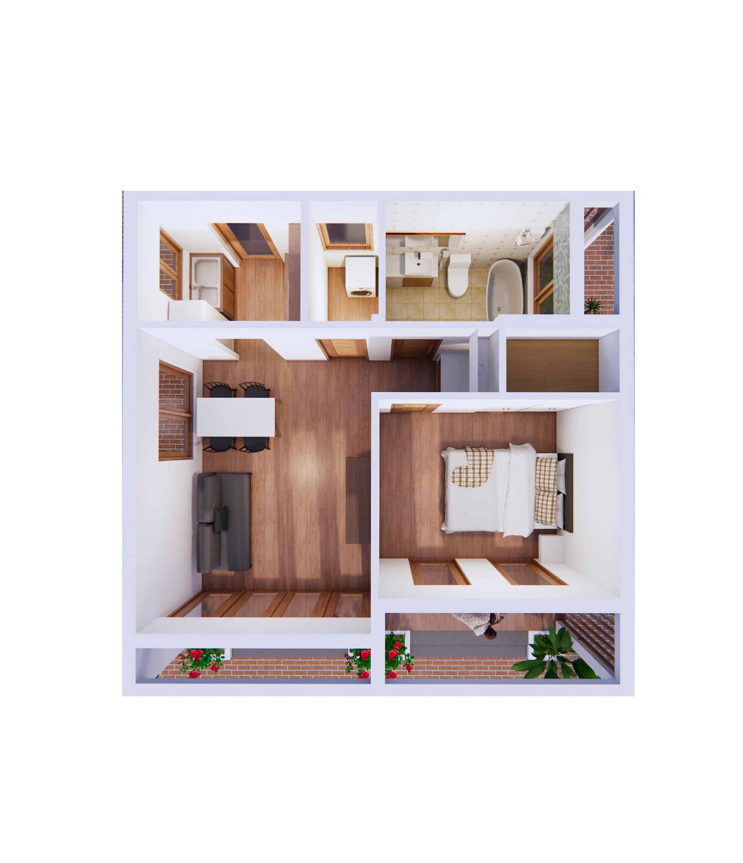 7m x 7m Tiny Home Design Plans – Bedroom, Kitchen, Bathroom, Dining, Living Room, Floor Plan, Roof Plan, Elevations