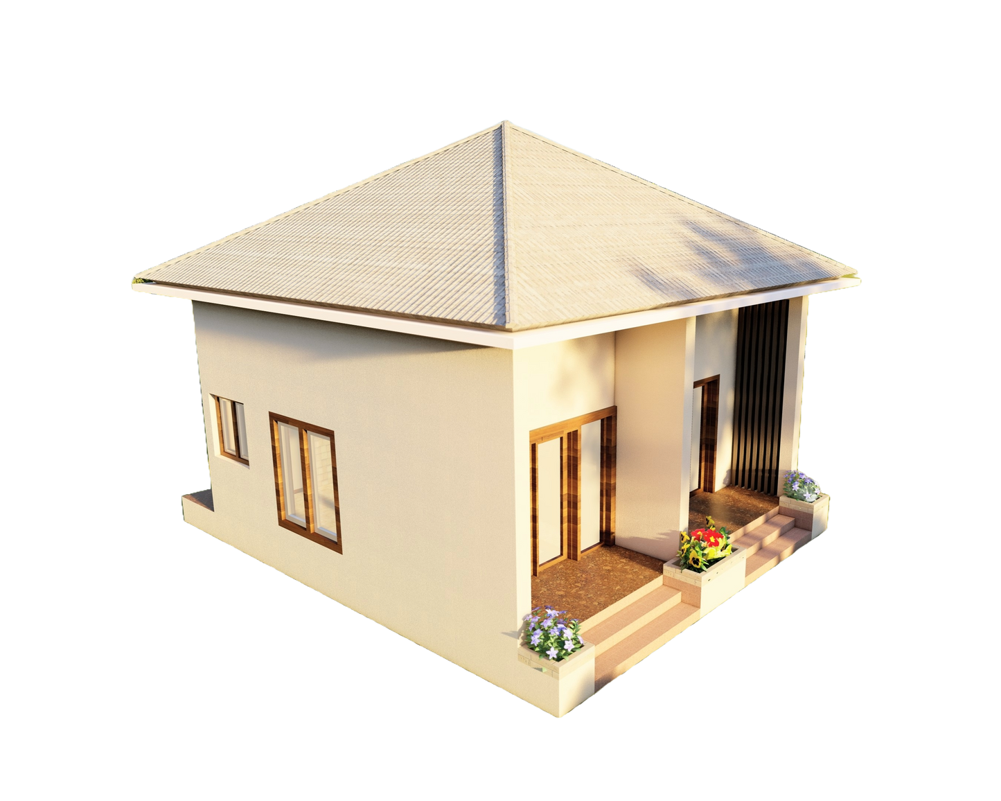 7m x 7m Tiny Home Design Plans – Bedroom, Kitchen, Bathroom, Dining, Living Room, Floor Plan, Roof Plan, Elevations