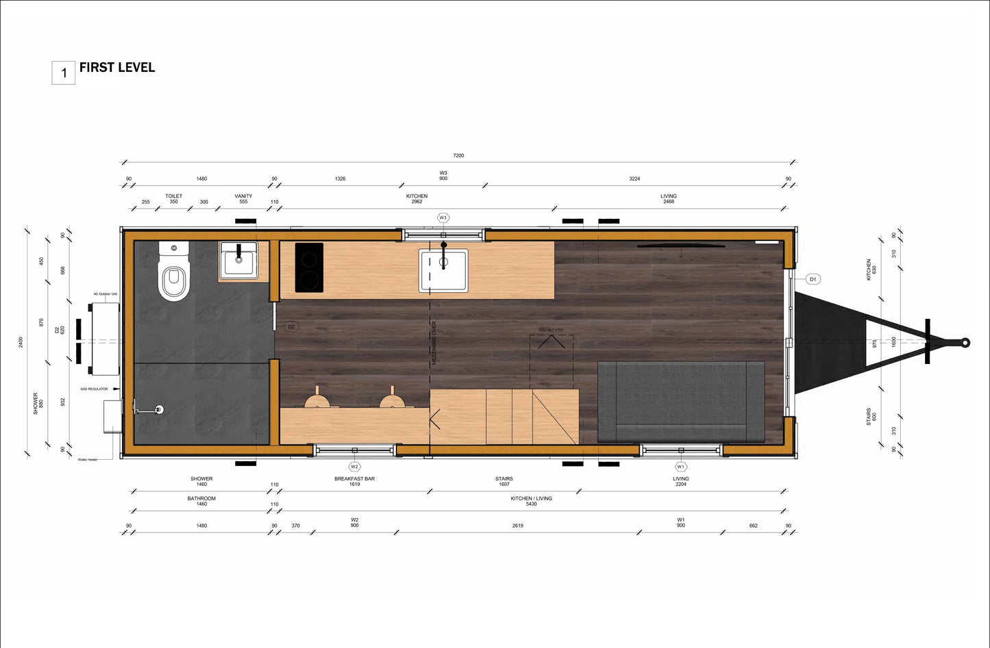 Tiny Mobile Home with Loft | 23.5'x8' | 188 Sq Ft | Living Area, Kitchen, Desk, Washroom, Mezzanine Bed | Plans