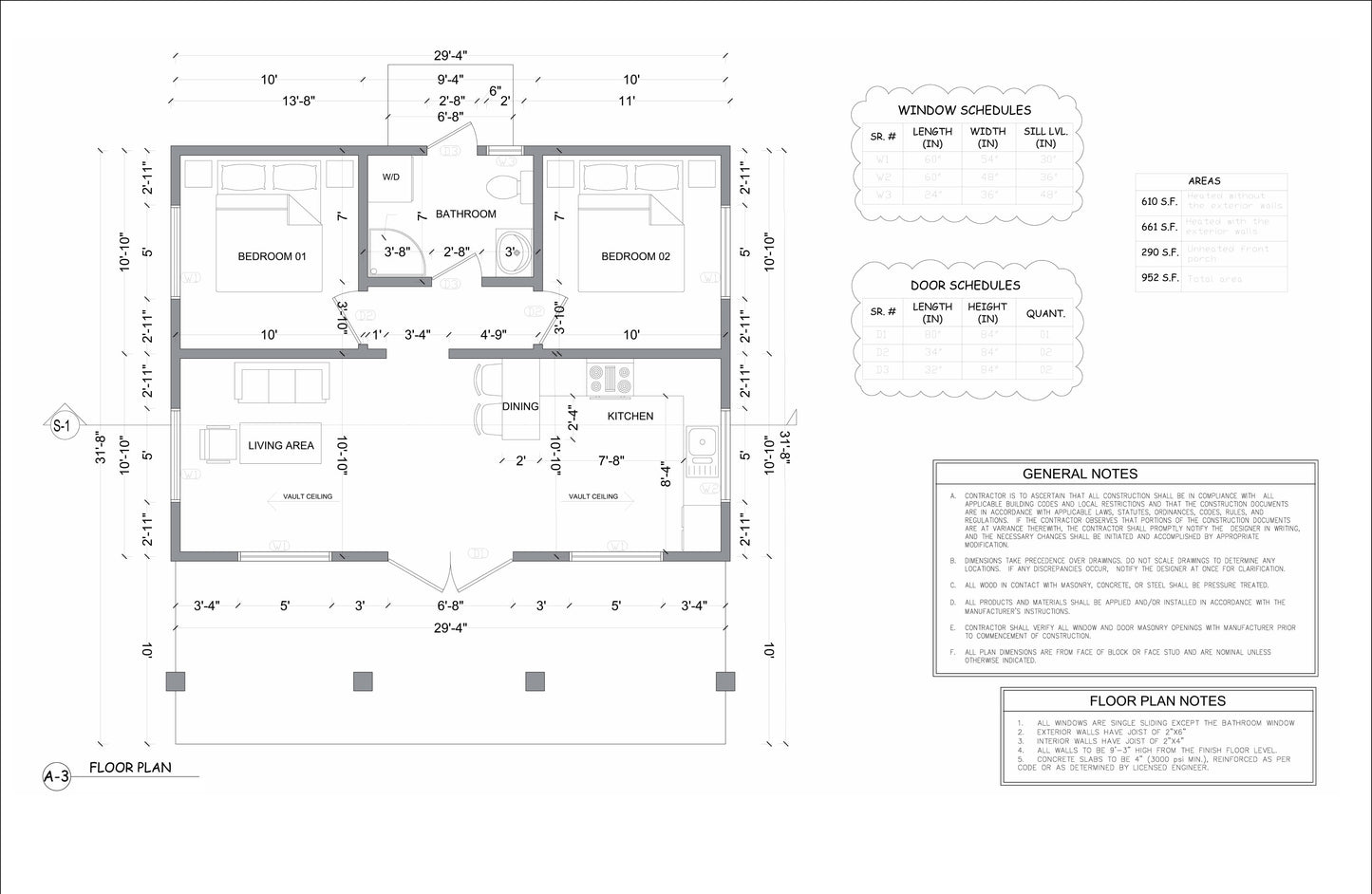 952sqft Tiny Cabin Design Blueprints: Featuring 2 Bedrooms, 1 Bathroom, Kitchen, Dining Area, and Living Room