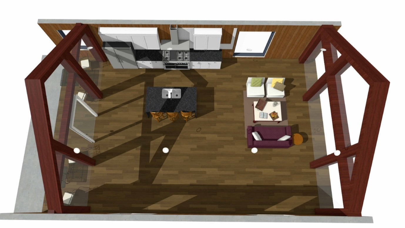 A-Frame Tiny Home Design Plans 7x11m - Flexible Design with Kitchen Island, Sitting Area, and Porch