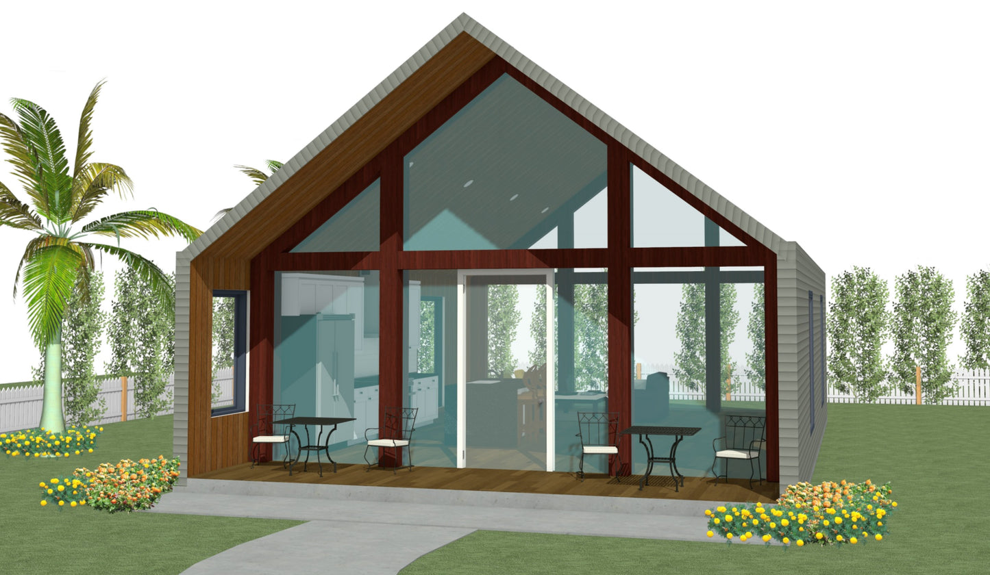 A-Frame Tiny Home Design Plans 7x11m - Flexible Design with Kitchen Island, Sitting Area, and Porch
